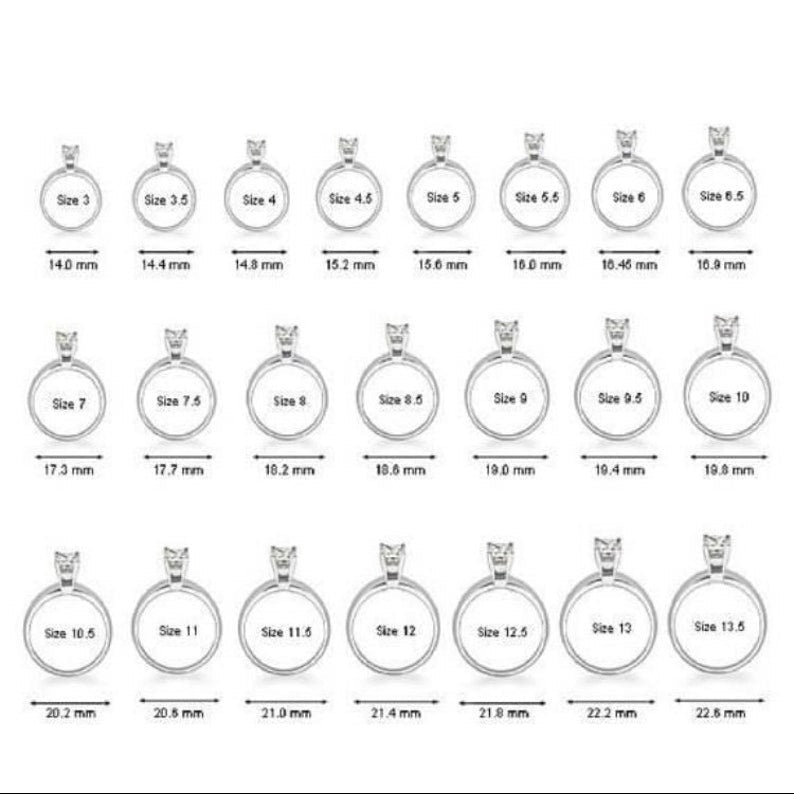 Measurement chart for rings of various sizes on a white background