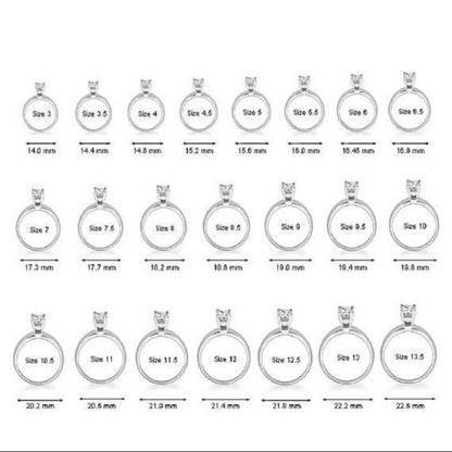 Measurement chart for rings of various sizes on a white background